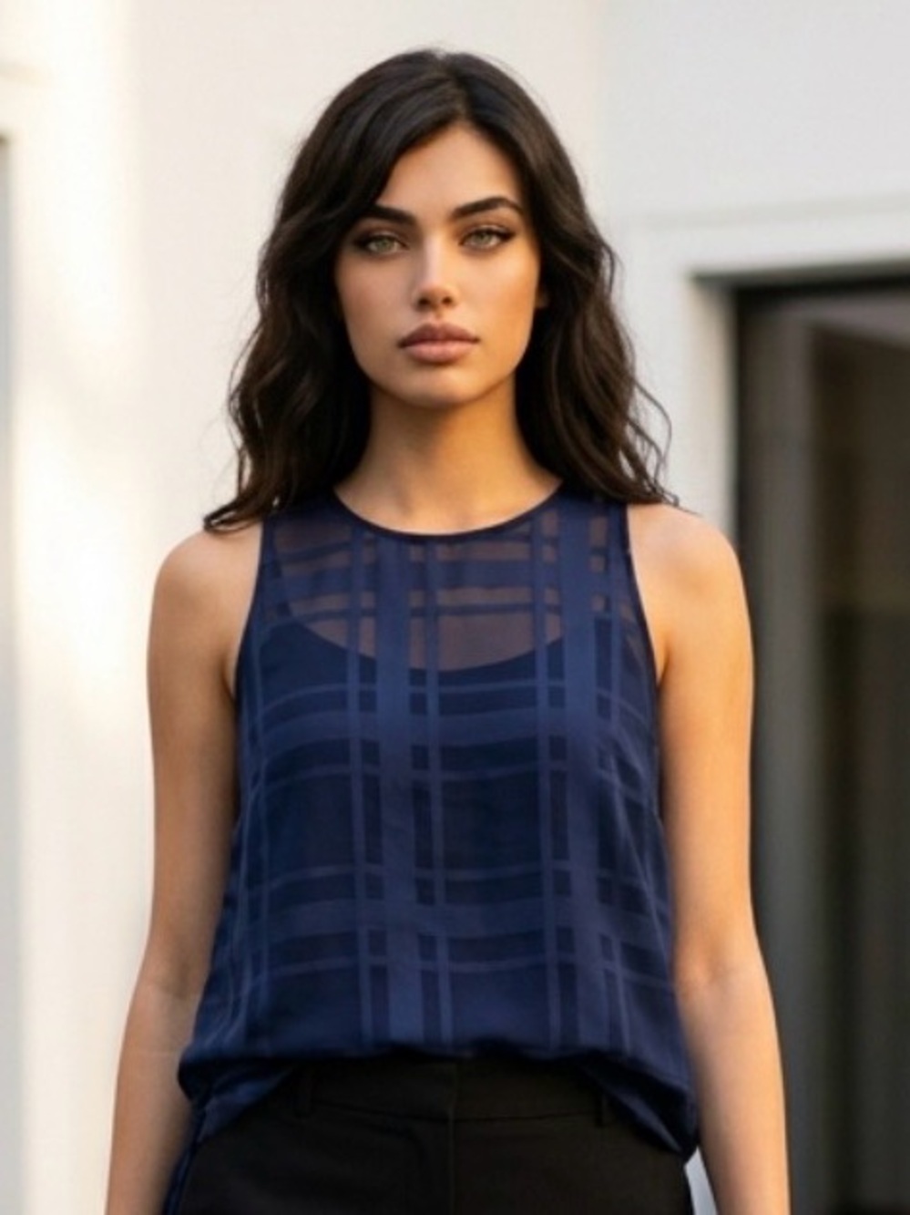 Free | H&M Navy Plaid Sleeveless Layered Blouse